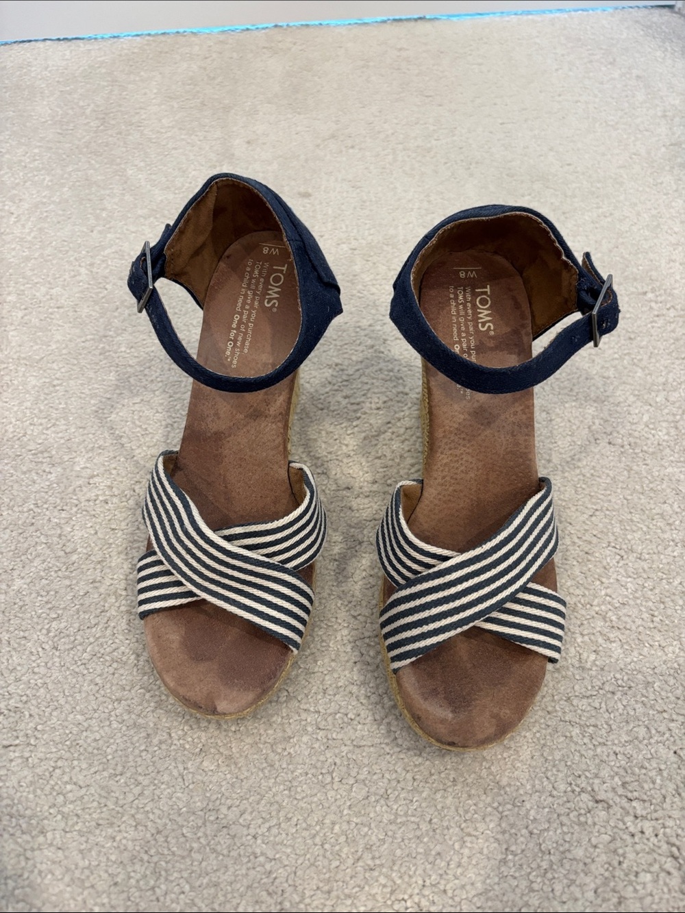 Toms Navy and White Striped Crisscross Wedge Sandals with Ankle Strap